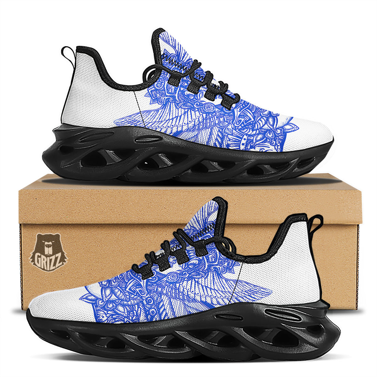 Mayan Statue White And Blue Print Black Running Shoes-grizzshop