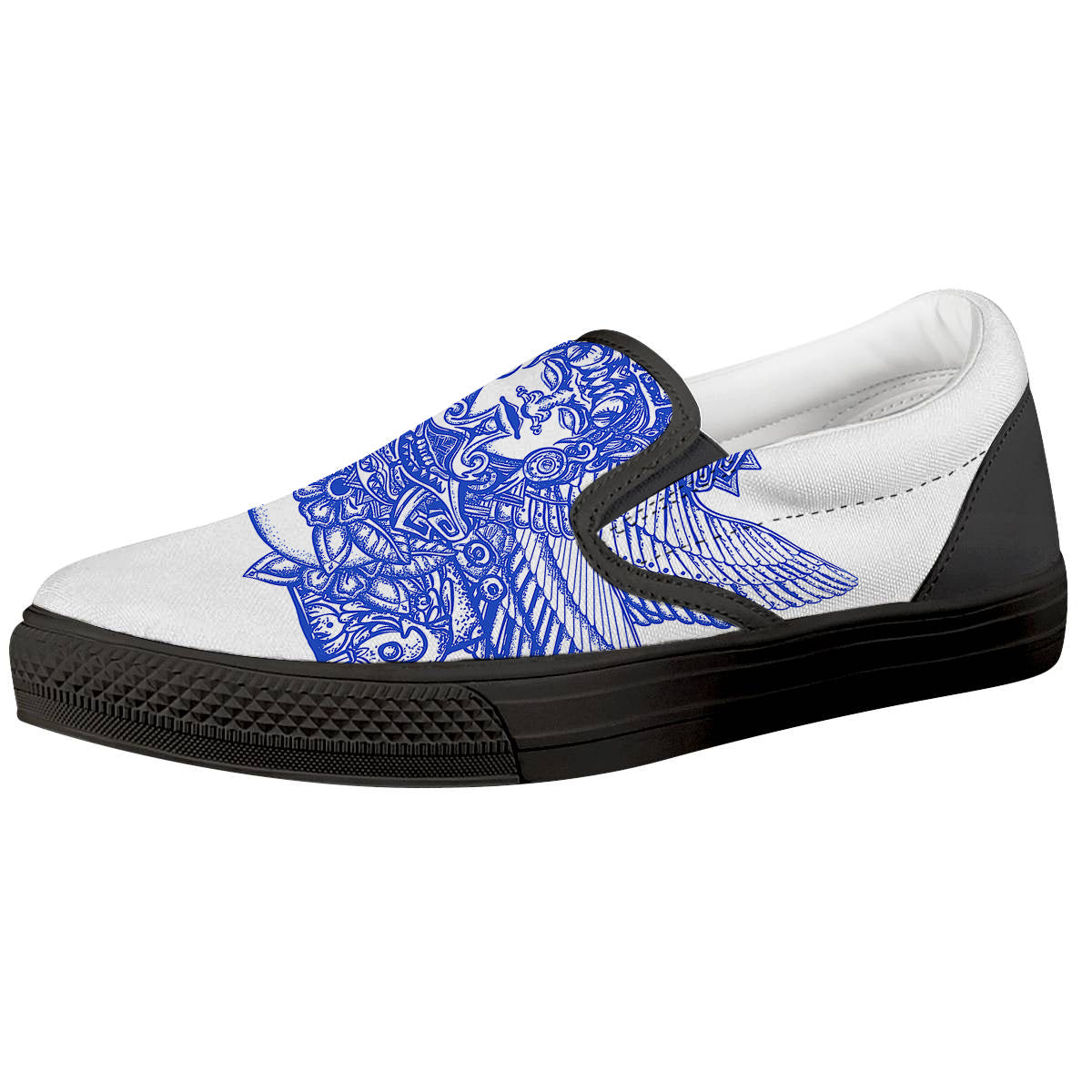 Mayan Statue White And Blue Print Black Slip On Shoes-grizzshop