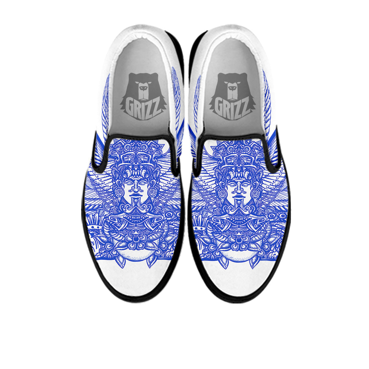Mayan Statue White And Blue Print Black Slip On Shoes-grizzshop