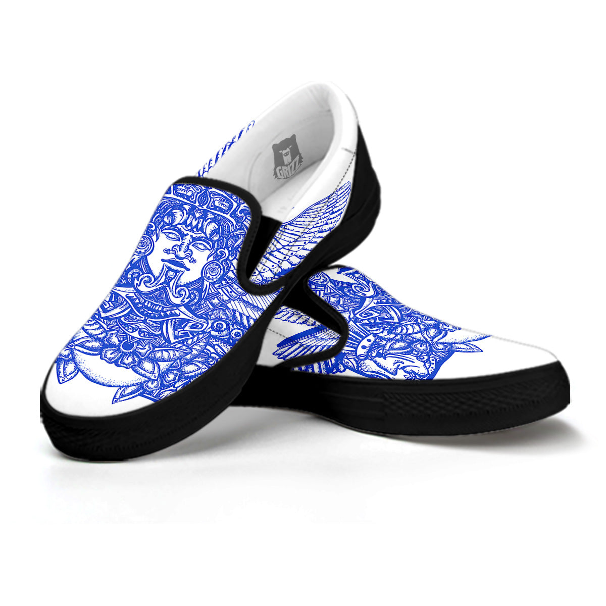 Mayan Statue White And Blue Print Black Slip On Shoes-grizzshop