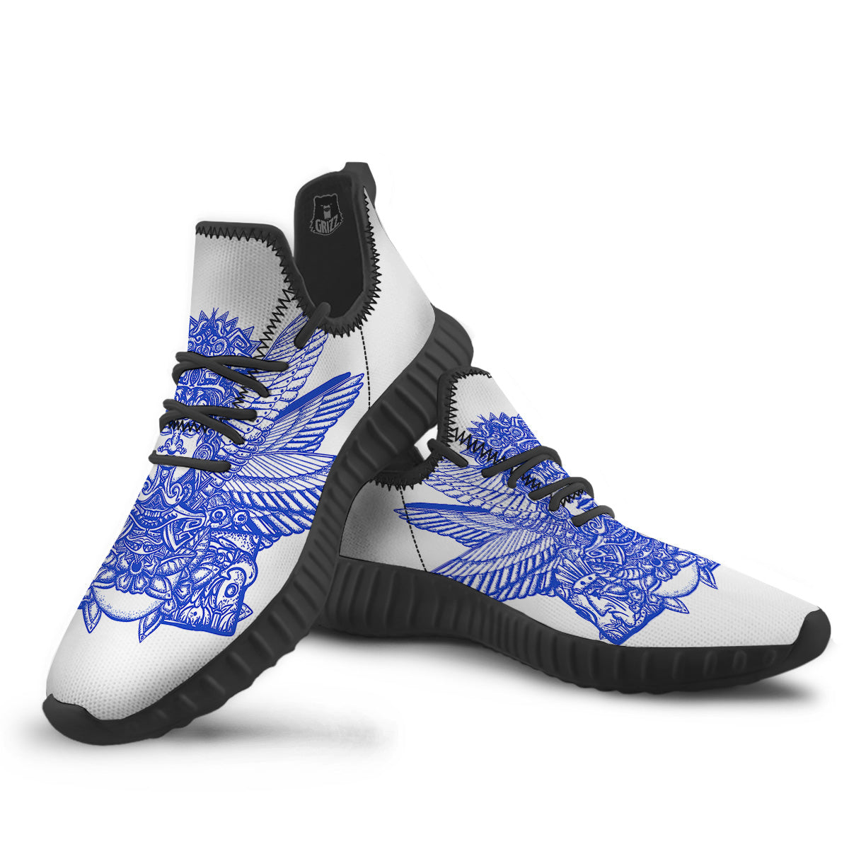Mayan Statue White And Blue Print Black Walking Shoes-grizzshop
