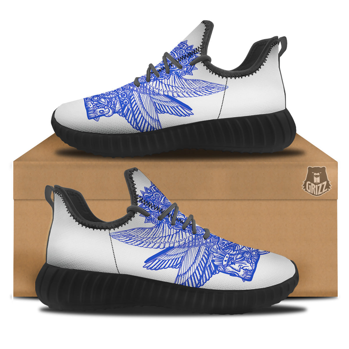 Mayan Statue White And Blue Print Black Walking Shoes-grizzshop