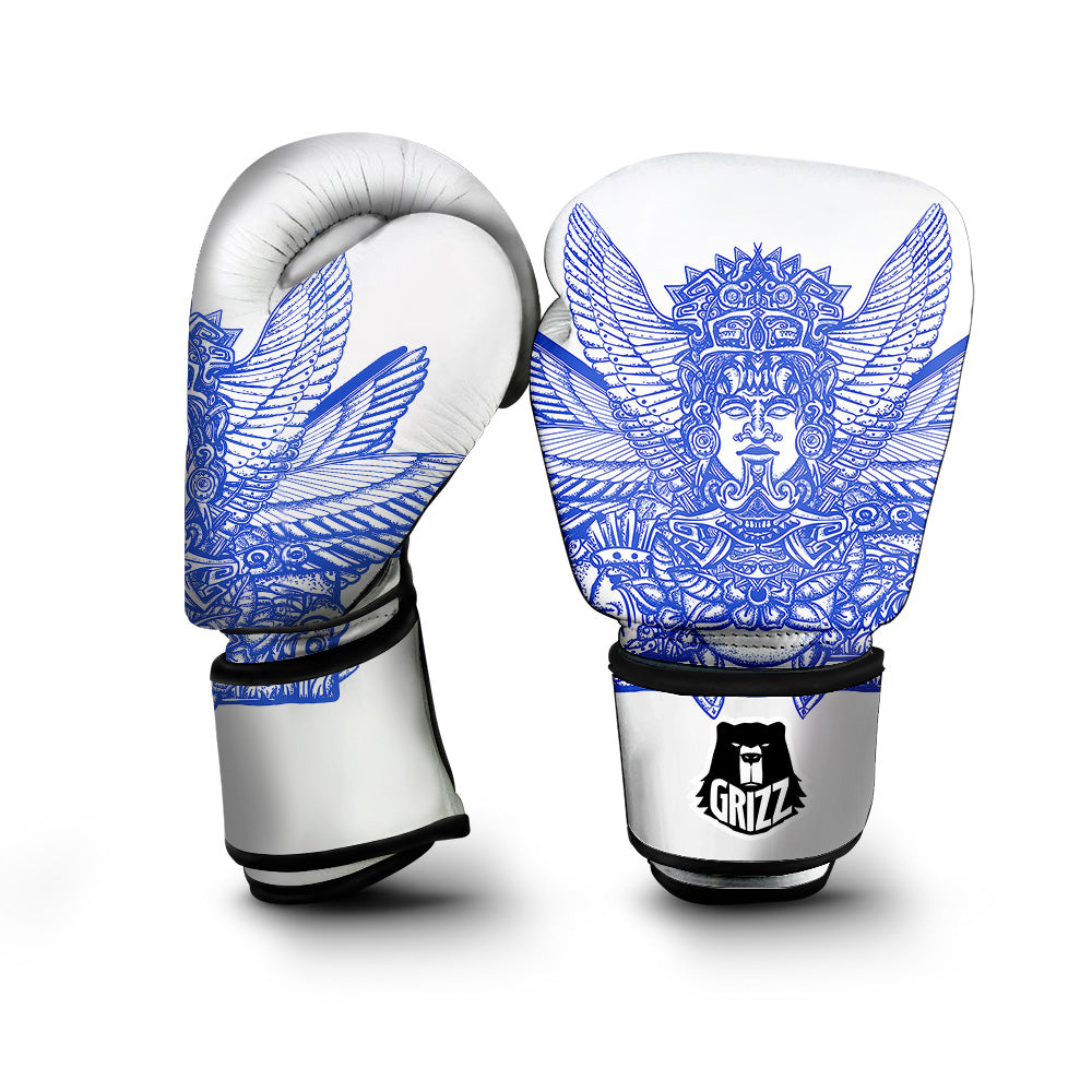 Mayan Statue White And Blue Print Boxing Gloves-grizzshop