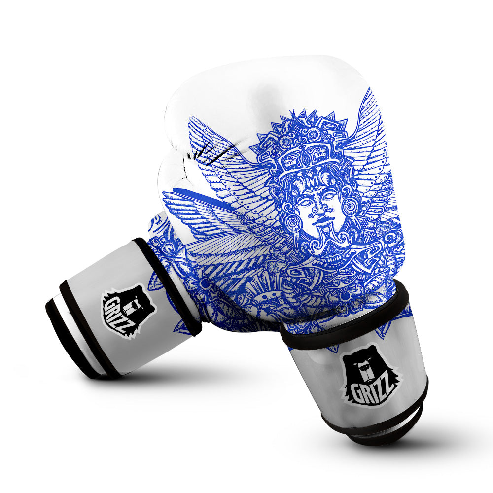 Mayan Statue White And Blue Print Boxing Gloves-grizzshop