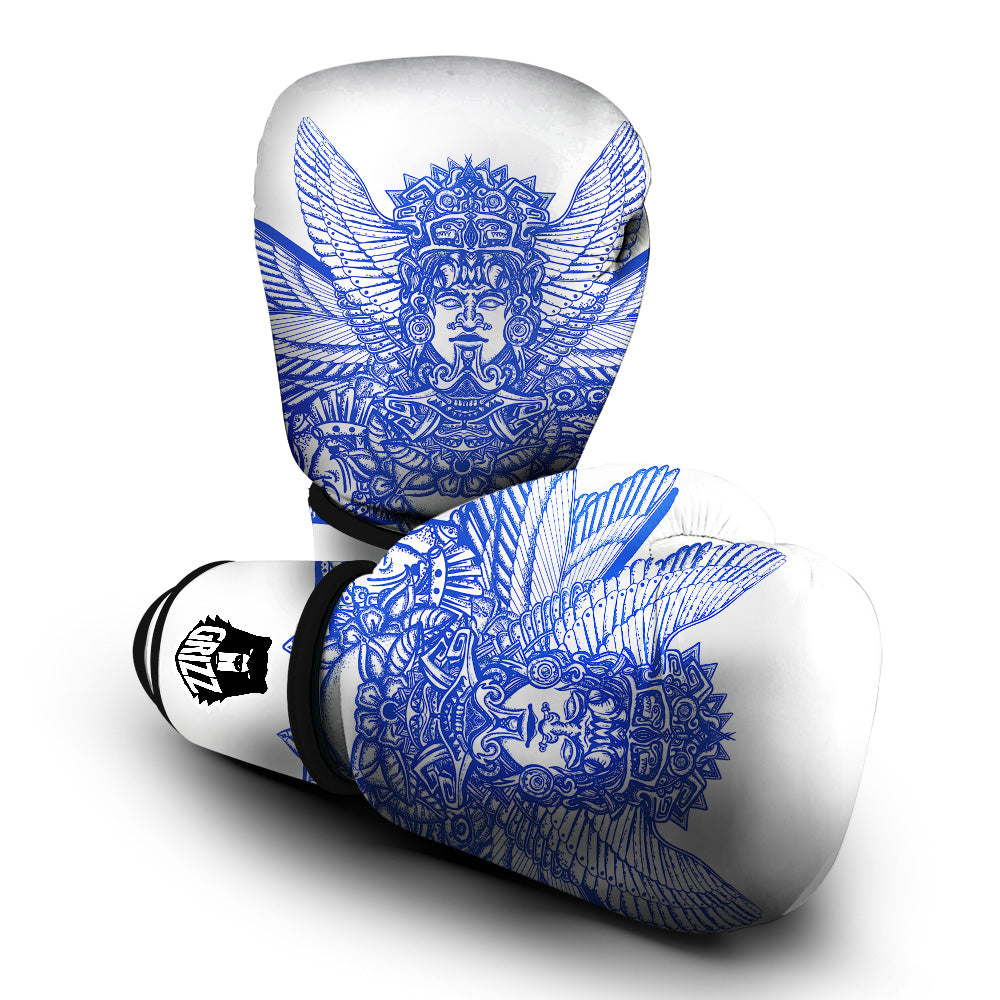 Mayan Statue White And Blue Print Boxing Gloves-grizzshop