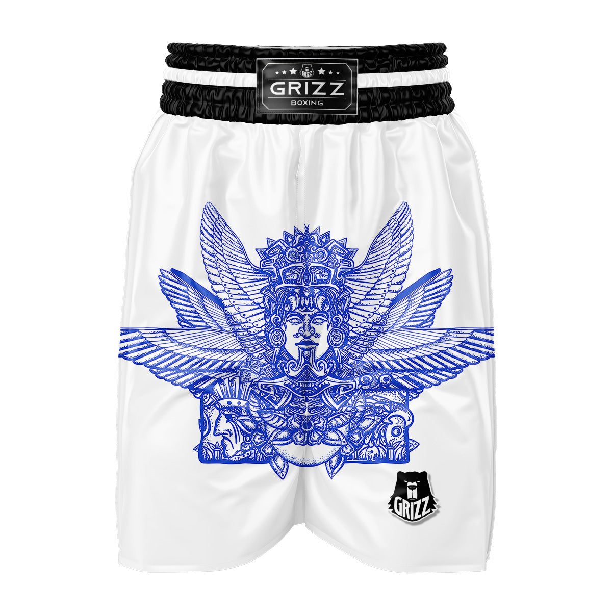 Mayan Statue White And Blue Print Boxing Shorts-grizzshop