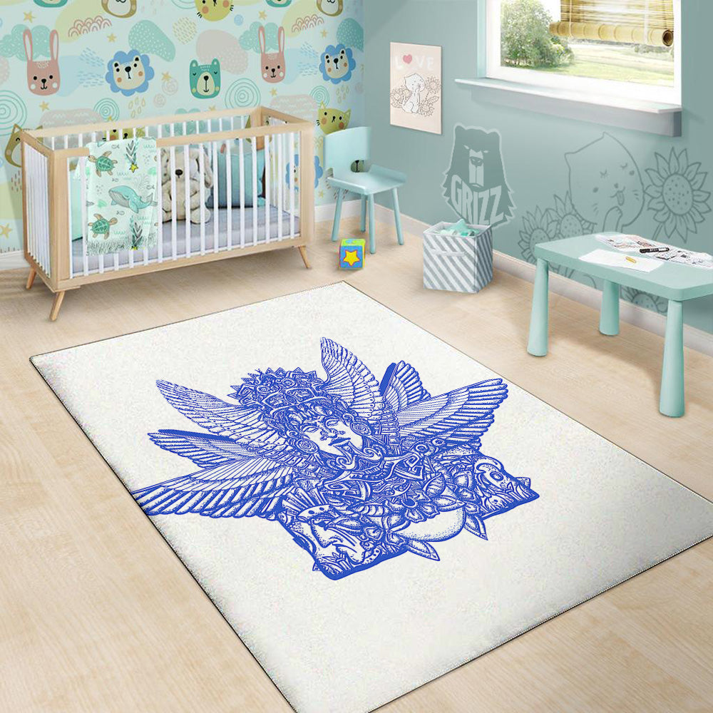 Mayan Statue White And Blue Print Floor Mat-grizzshop