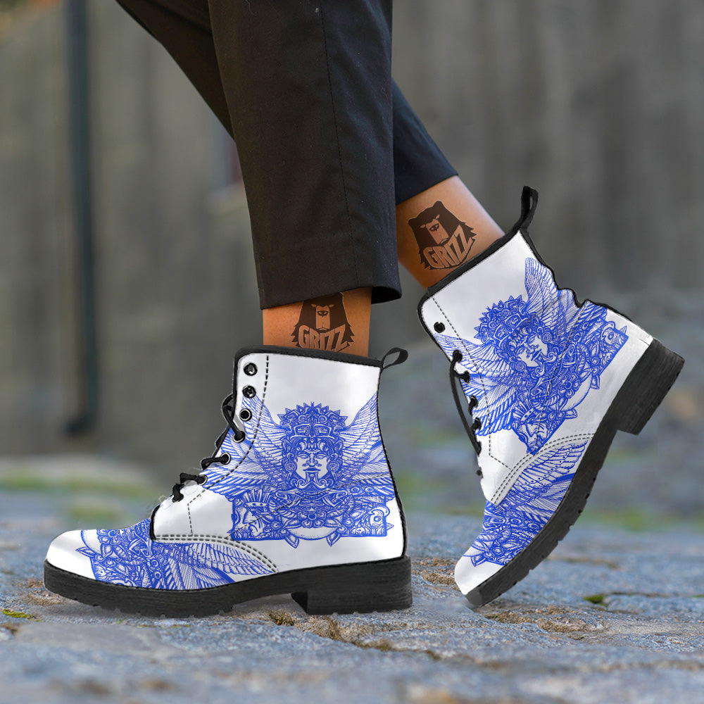 Mayan Statue White And Blue Print Leather Boots-grizzshop