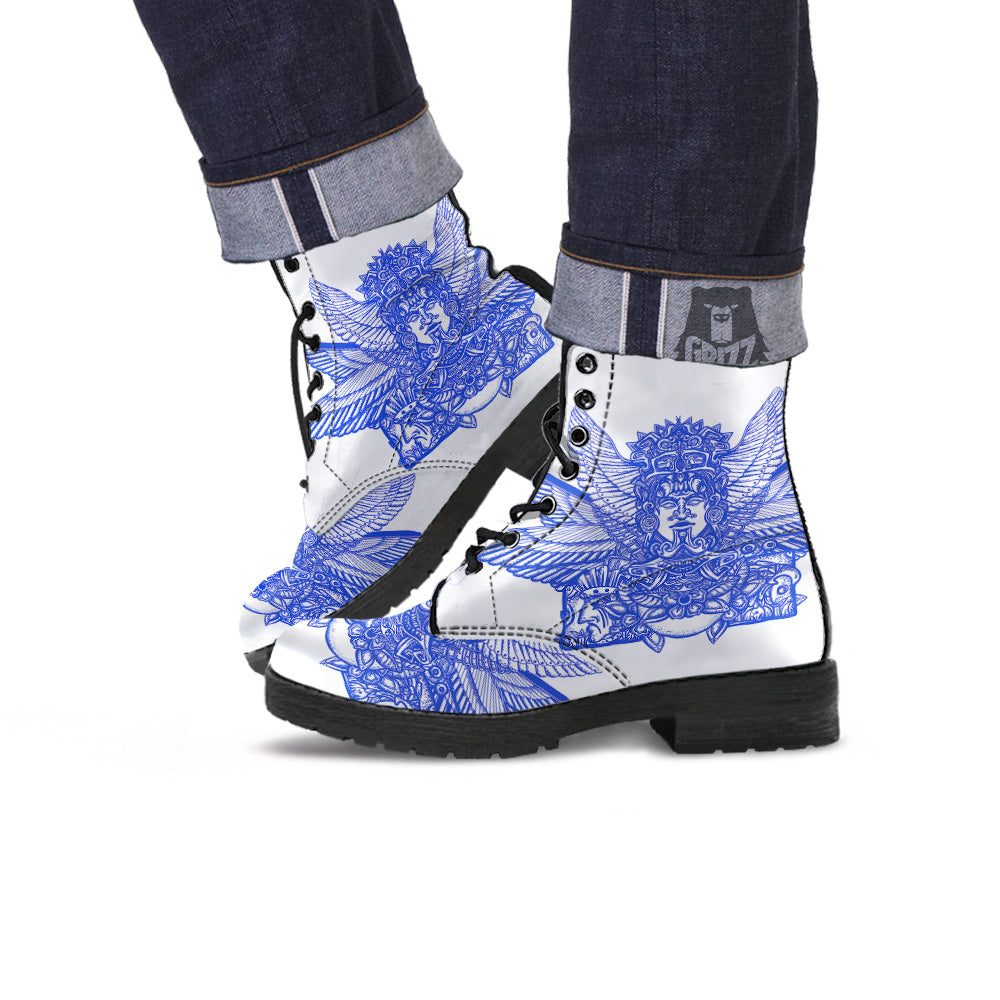 Mayan Statue White And Blue Print Leather Boots-grizzshop