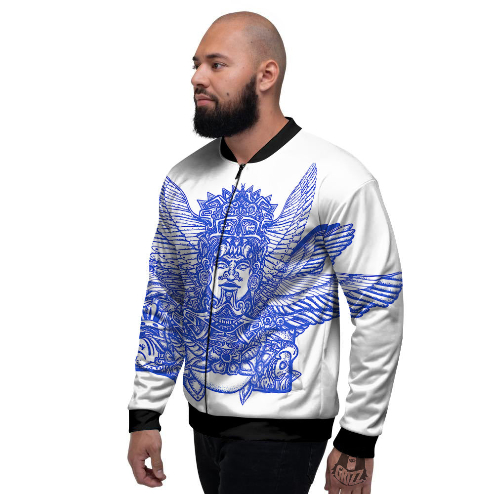 Mayan Statue White And Blue Print Men's Bomber Jacket-grizzshop