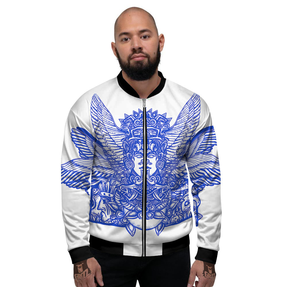 Mayan Statue White And Blue Print Men's Bomber Jacket-grizzshop