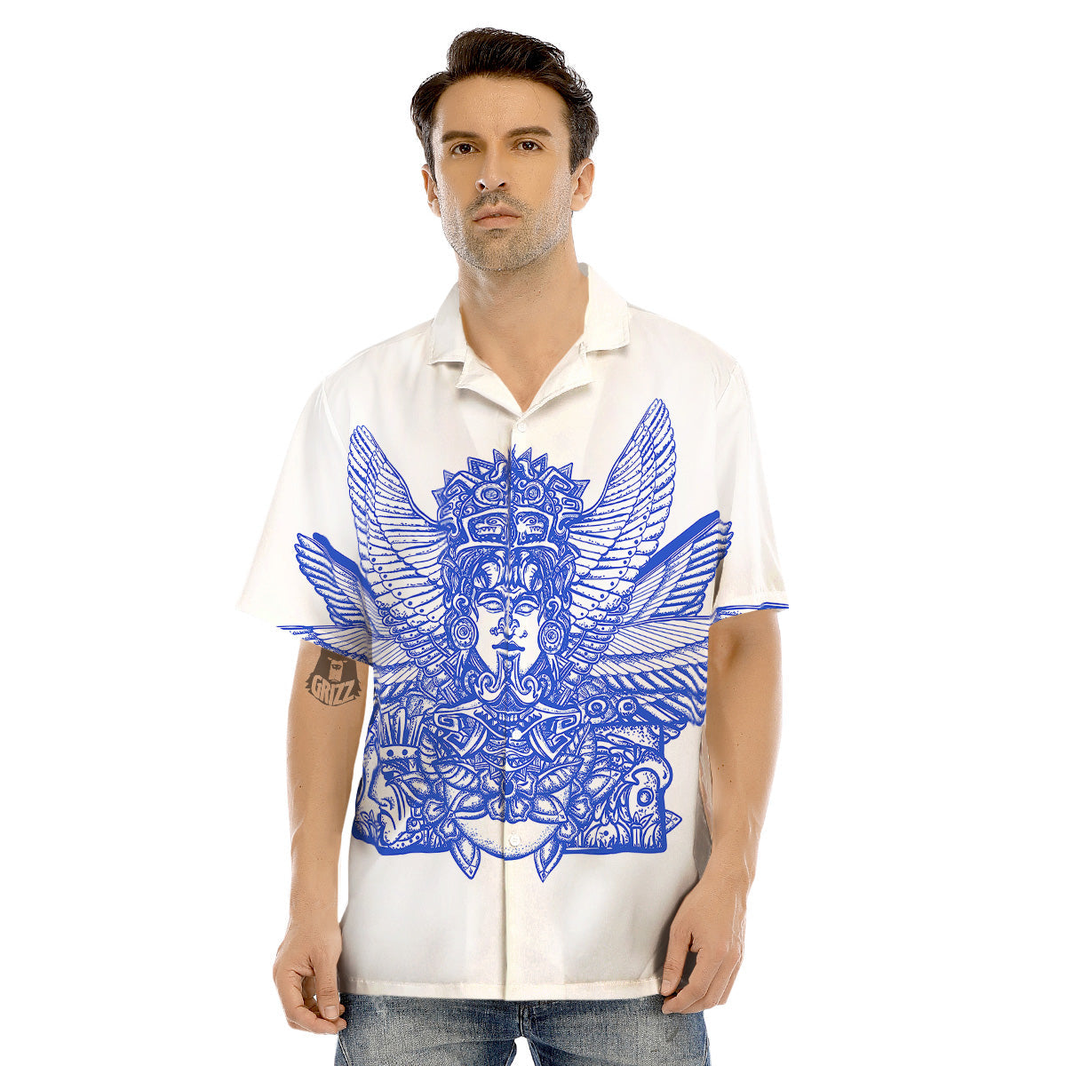 Mayan Statue White And Blue Print Men's Hawaiian Shirt-grizzshop