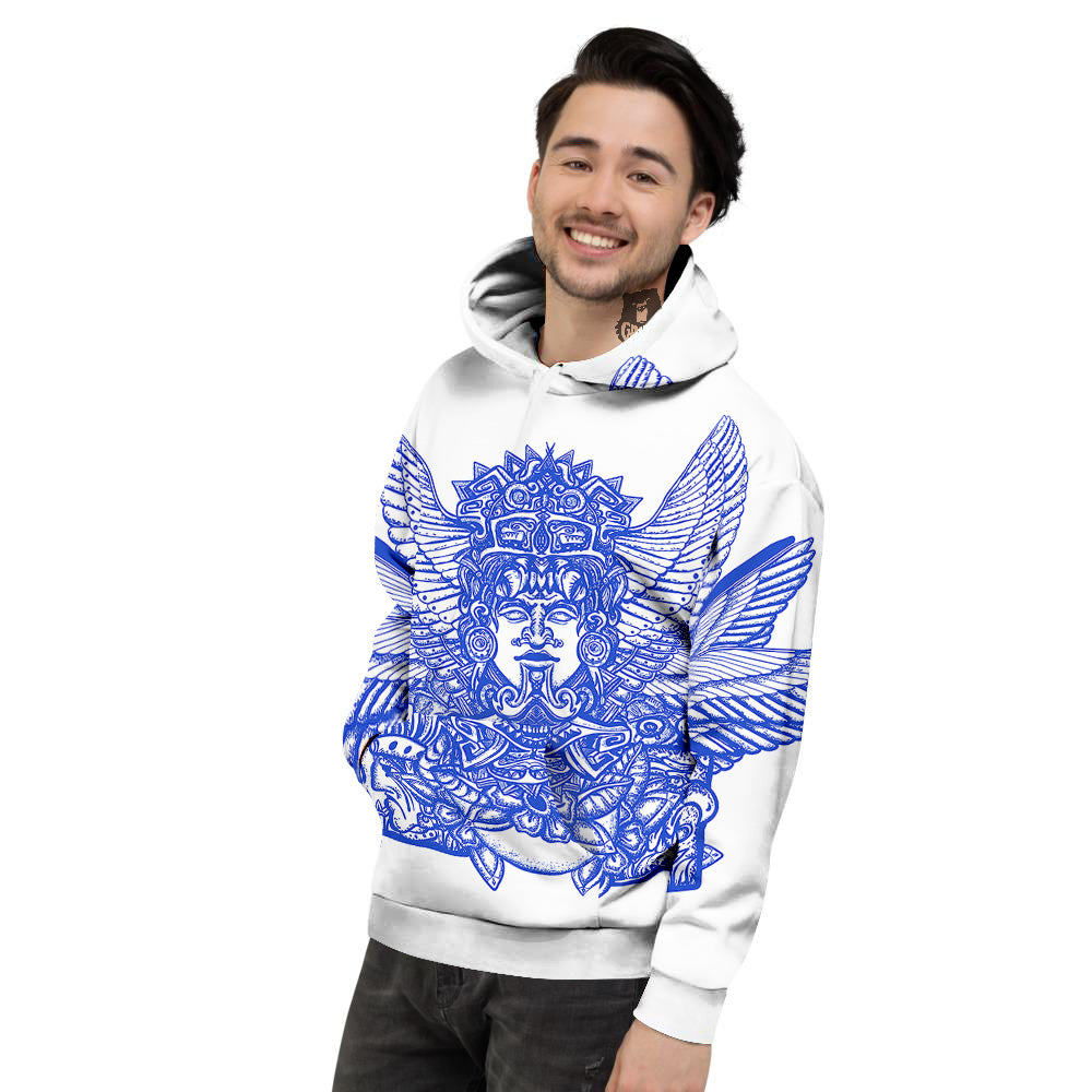 Mayan Statue White And Blue Print Men's Hoodie-grizzshop