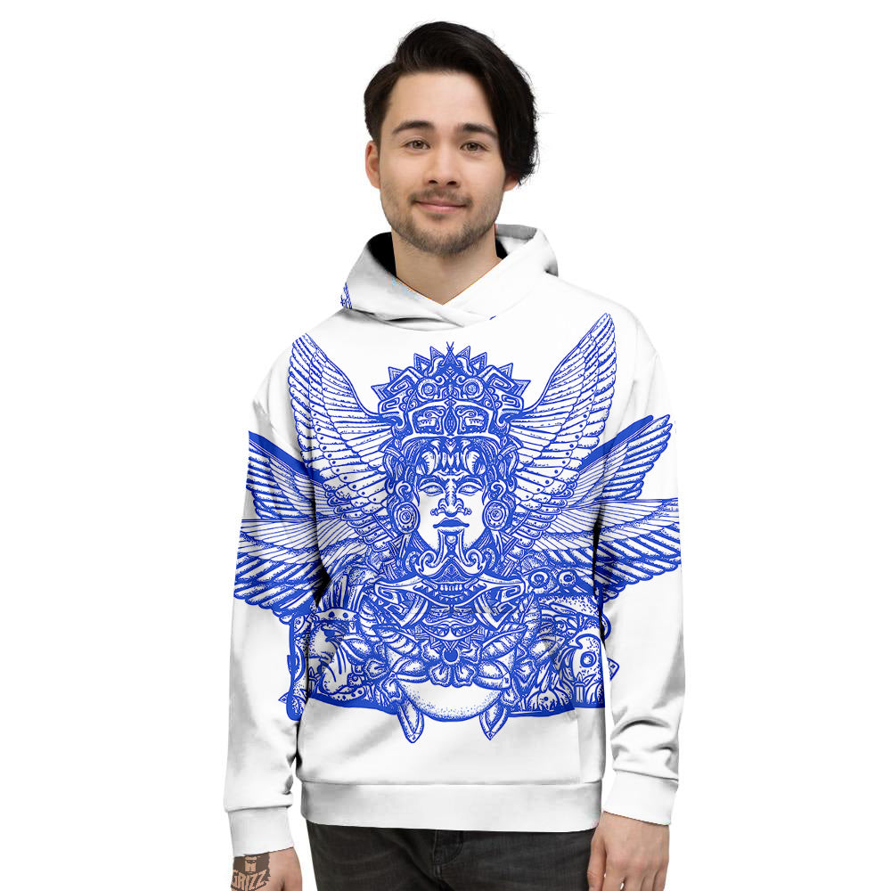 Mayan Statue White And Blue Print Men's Hoodie-grizzshop