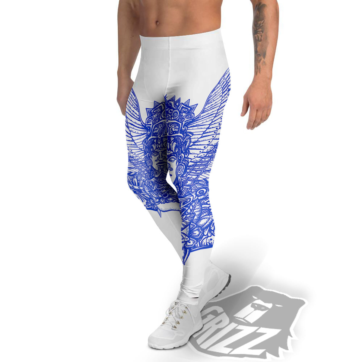 Mayan Statue White And Blue Print Men's Leggings-grizzshop