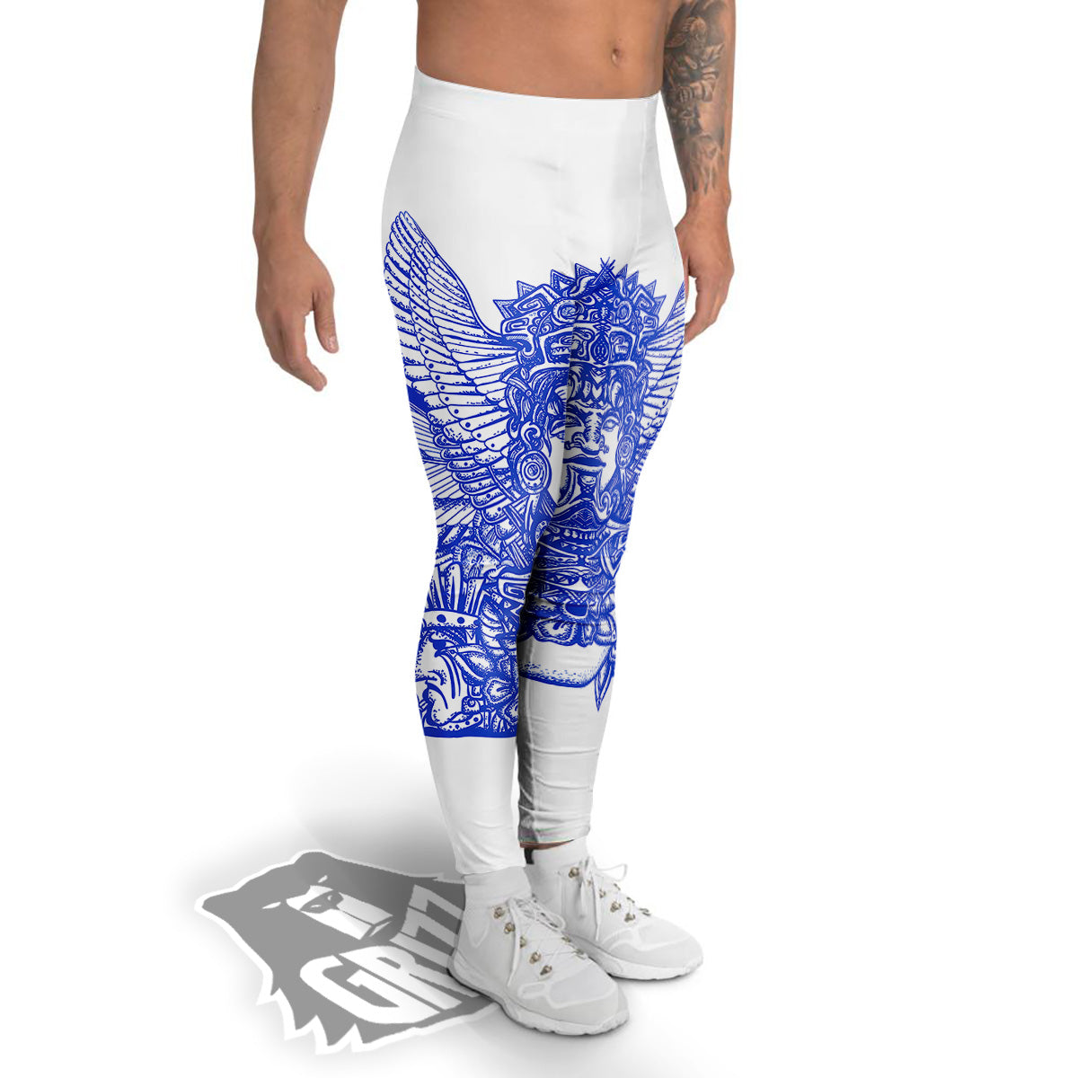 Mayan Statue White And Blue Print Men's Leggings-grizzshop