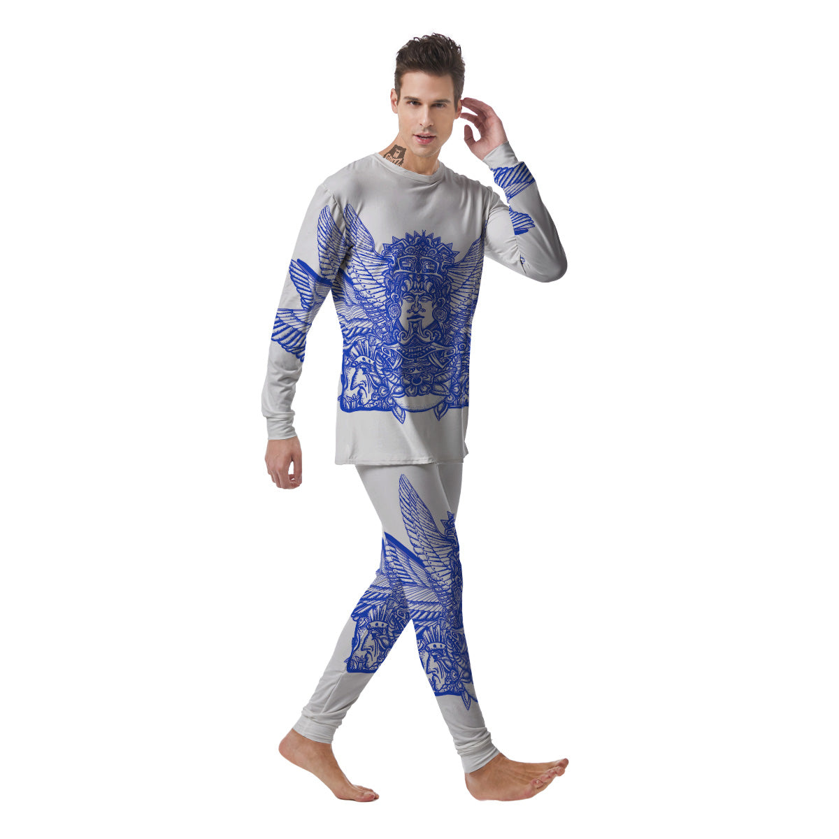 Mayan Statue White And Blue Print Men's Pajamas-grizzshop