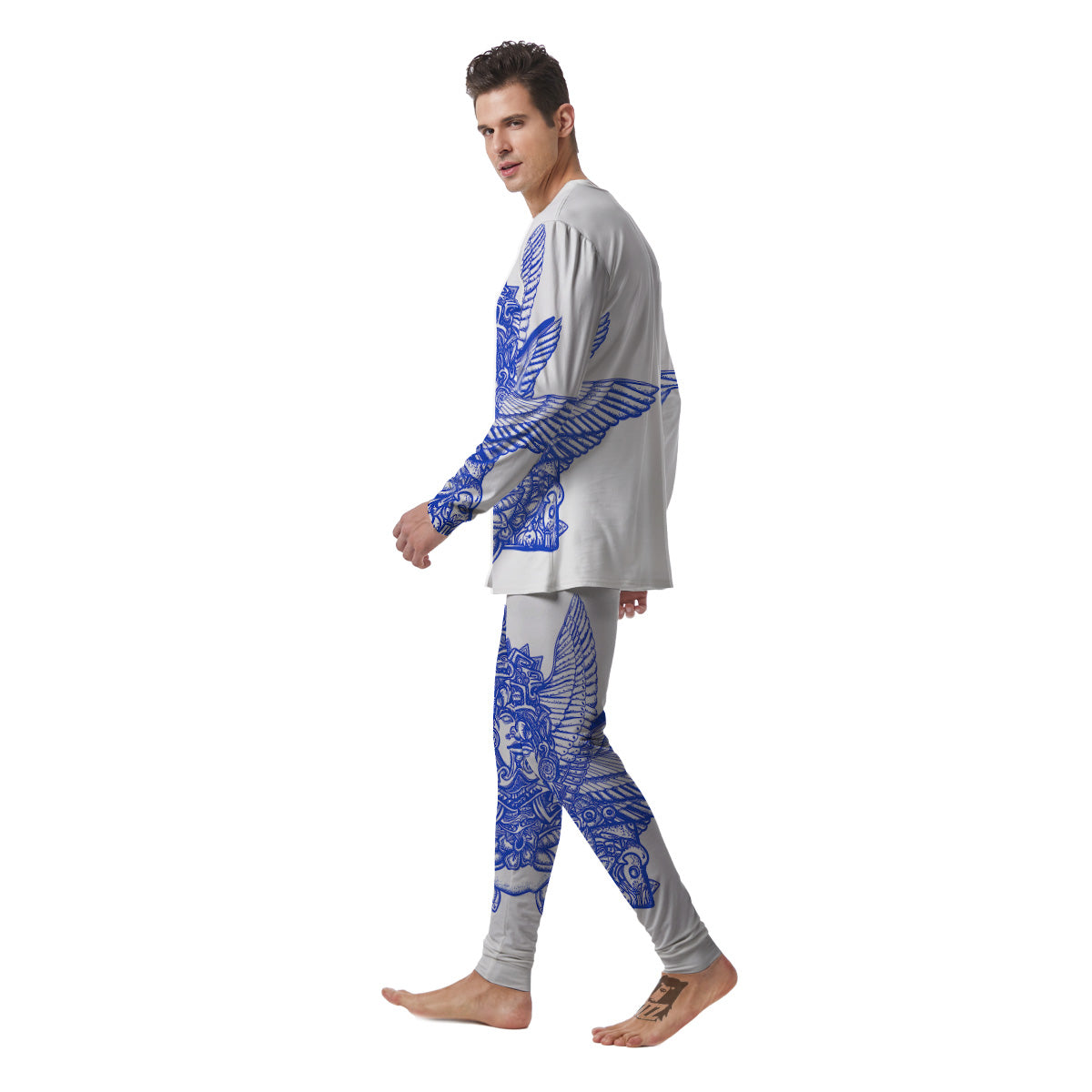 Mayan Statue White And Blue Print Men's Pajamas-grizzshop