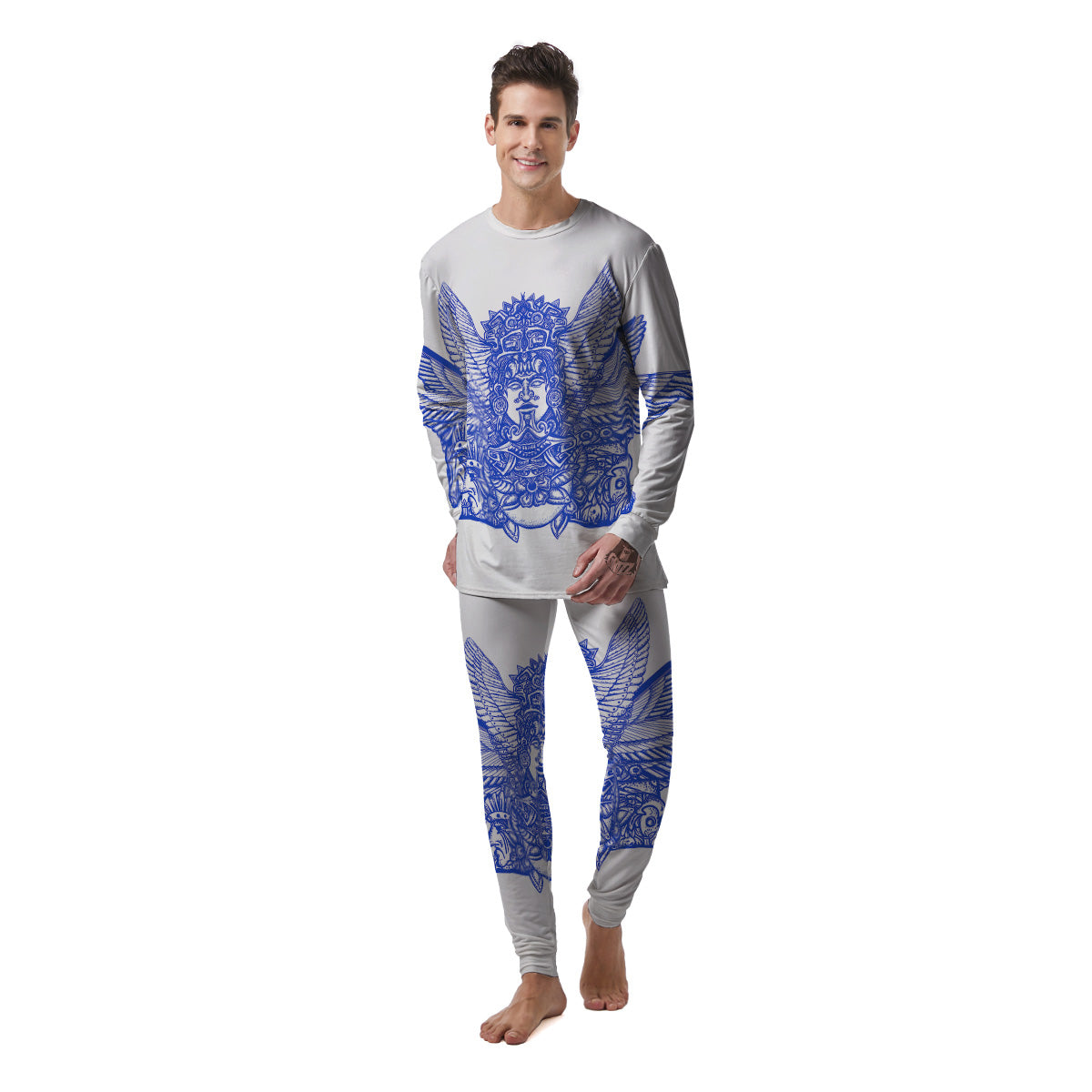 Mayan Statue White And Blue Print Men's Pajamas-grizzshop