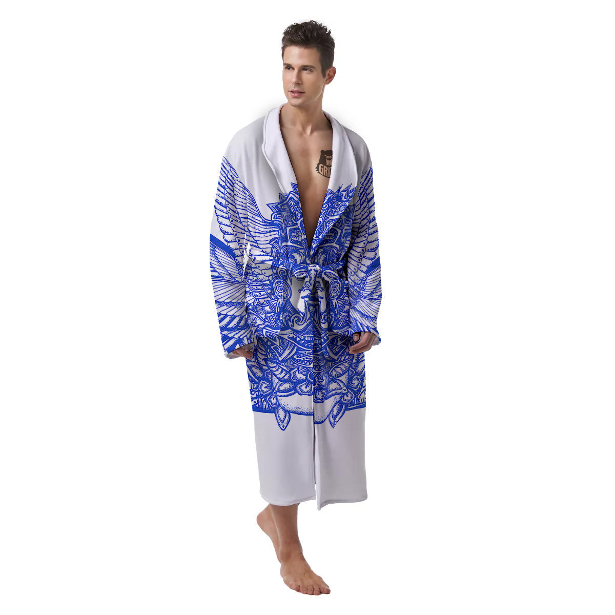 Mayan Statue White And Blue Print Men's Robe-grizzshop