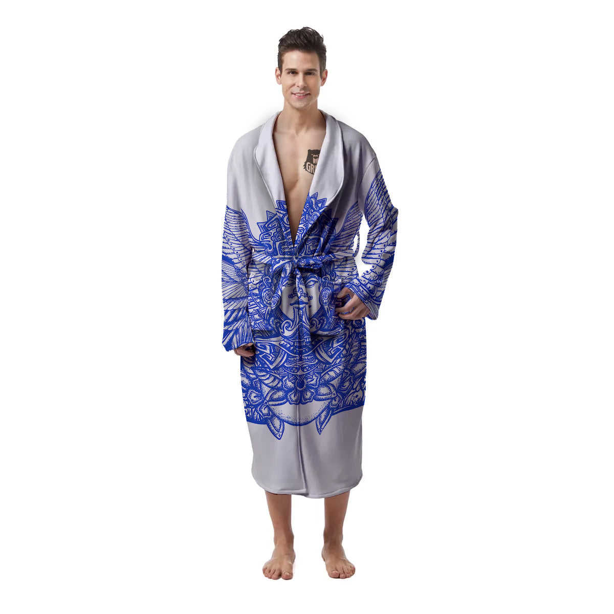 Mayan Statue White And Blue Print Men's Robe-grizzshop