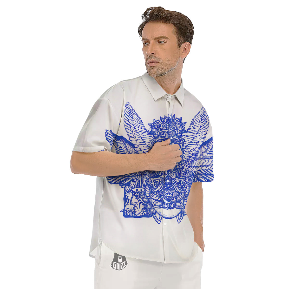 Mayan Statue White And Blue Print Men's Short Sleeve Shirts-grizzshop