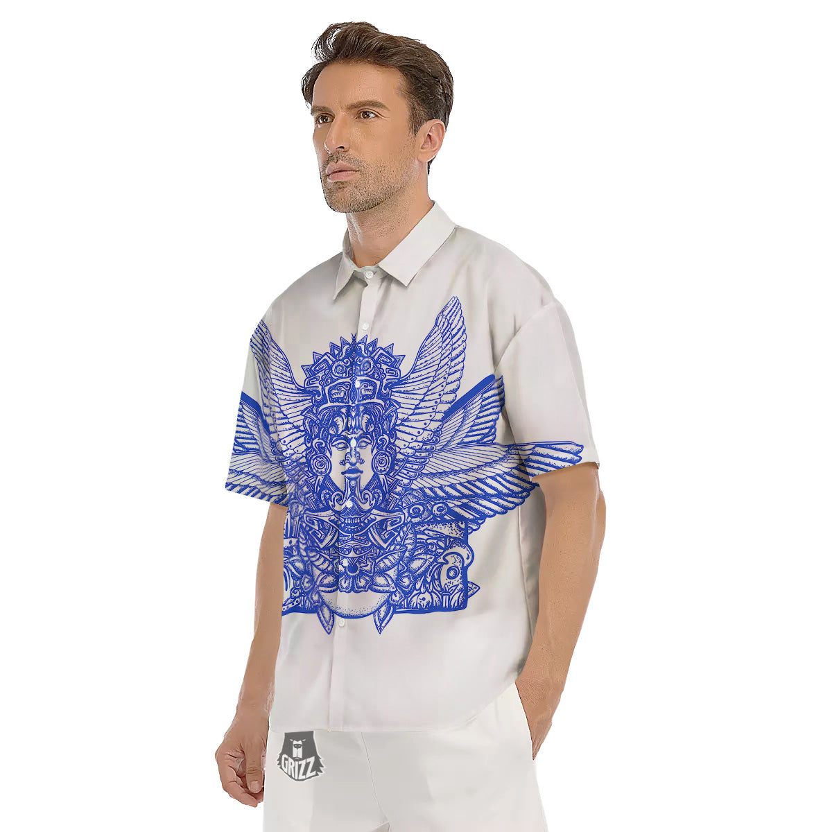 Mayan Statue White And Blue Print Men's Short Sleeve Shirts-grizzshop