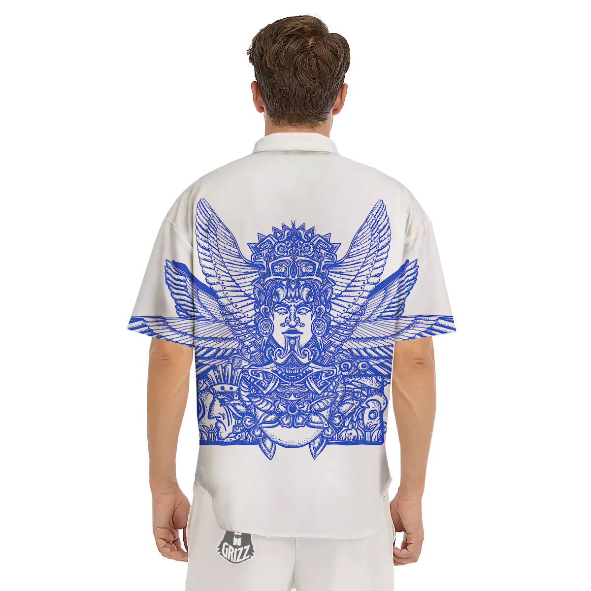 Mayan Statue White And Blue Print Men's Short Sleeve Shirts-grizzshop