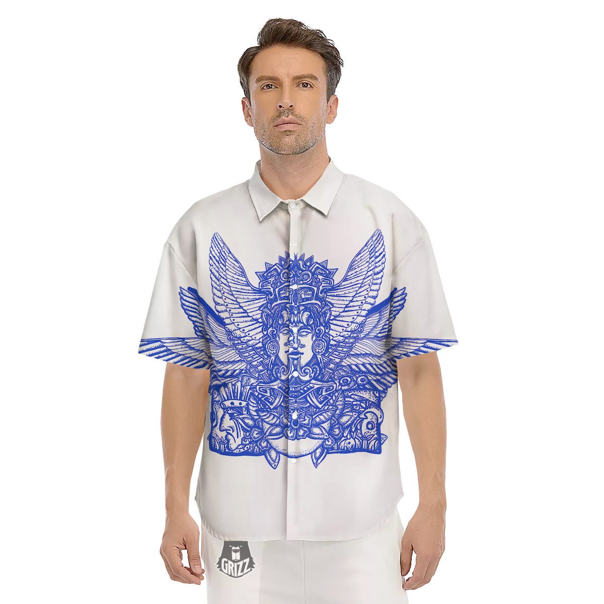 Mayan Statue White And Blue Print Men's Short Sleeve Shirts-grizzshop