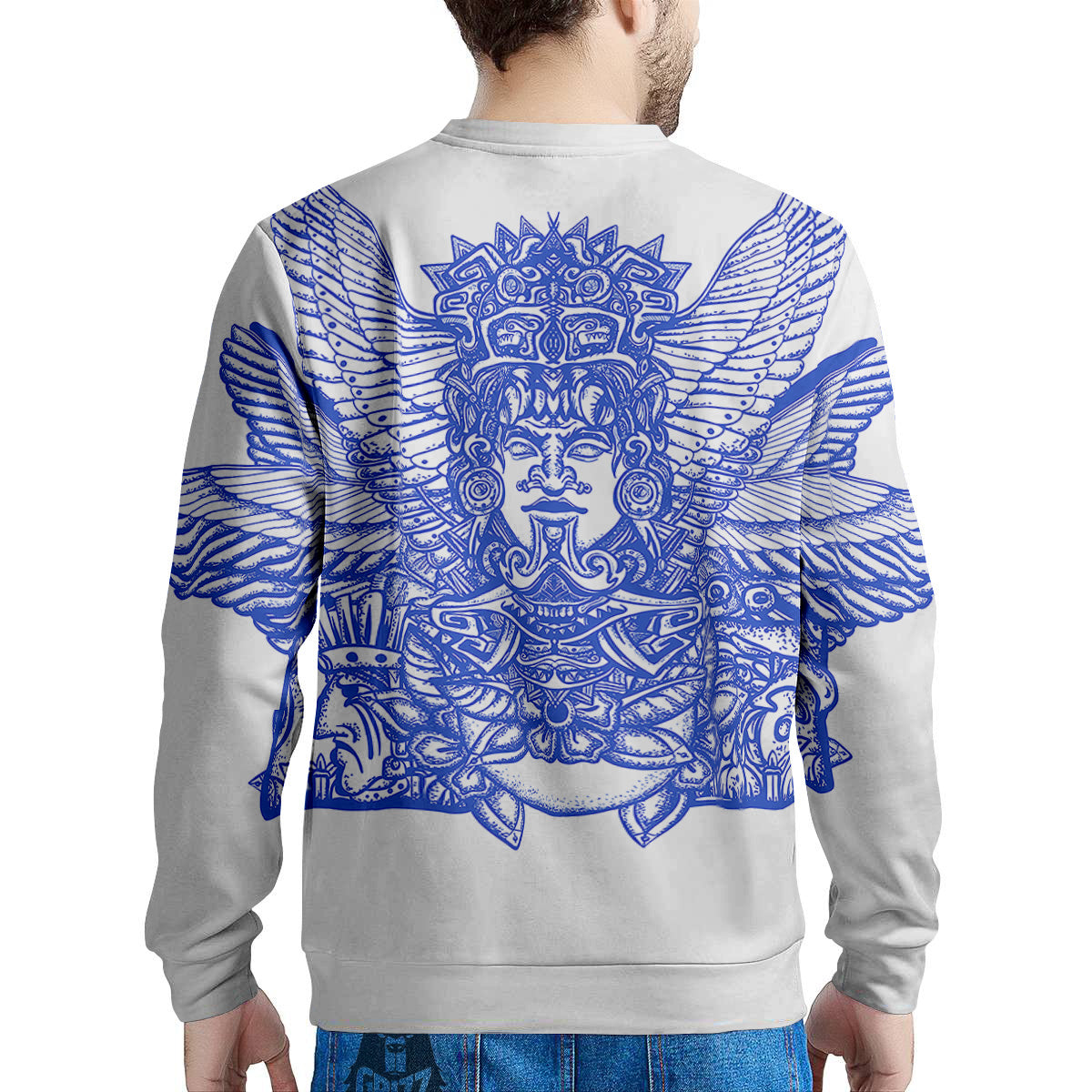 Mayan Statue White And Blue Print Men's Sweatshirt-grizzshop