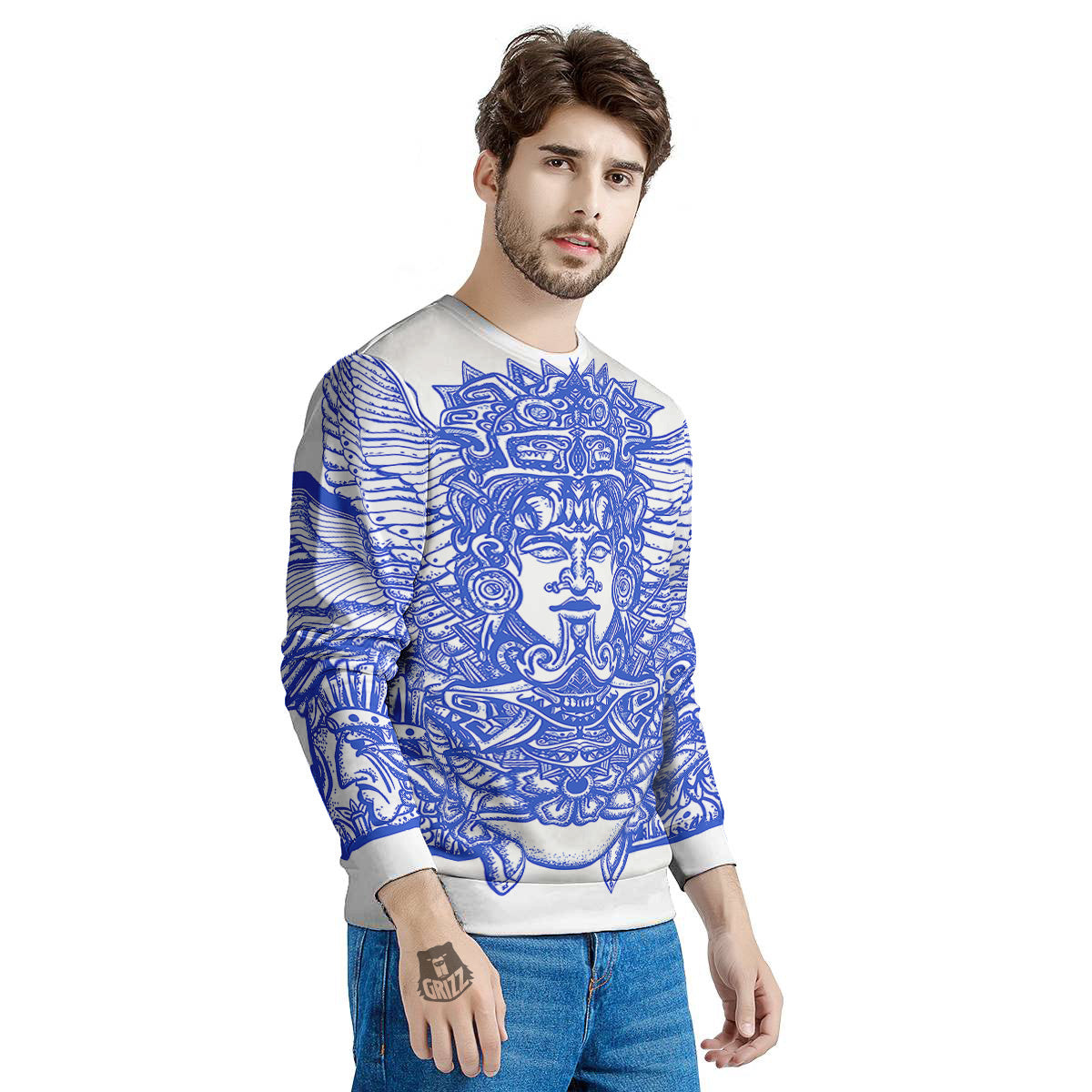 Mayan Statue White And Blue Print Men's Sweatshirt-grizzshop