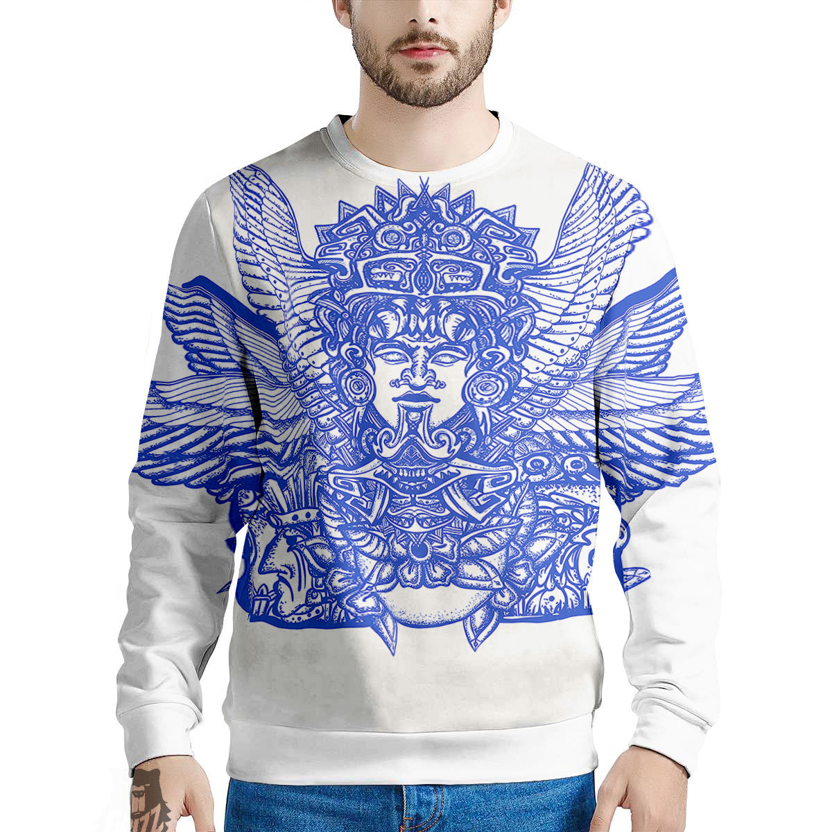 Mayan Statue White And Blue Print Men's Sweatshirt-grizzshop
