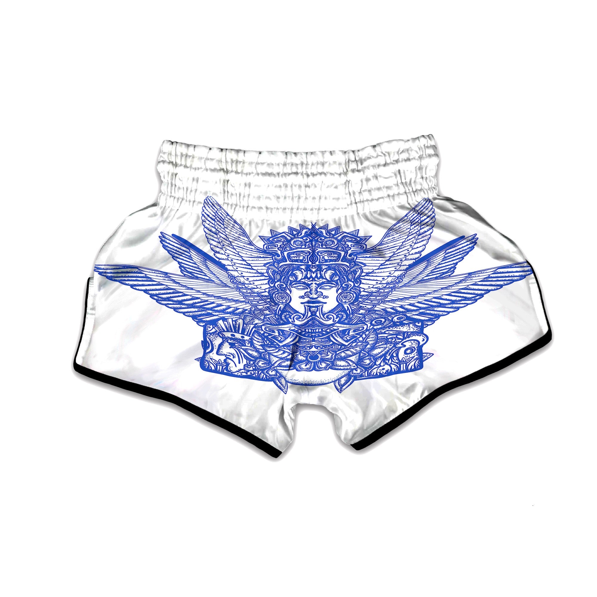 Mayan Statue White And Blue Print Muay Thai Boxing Shorts-grizzshop