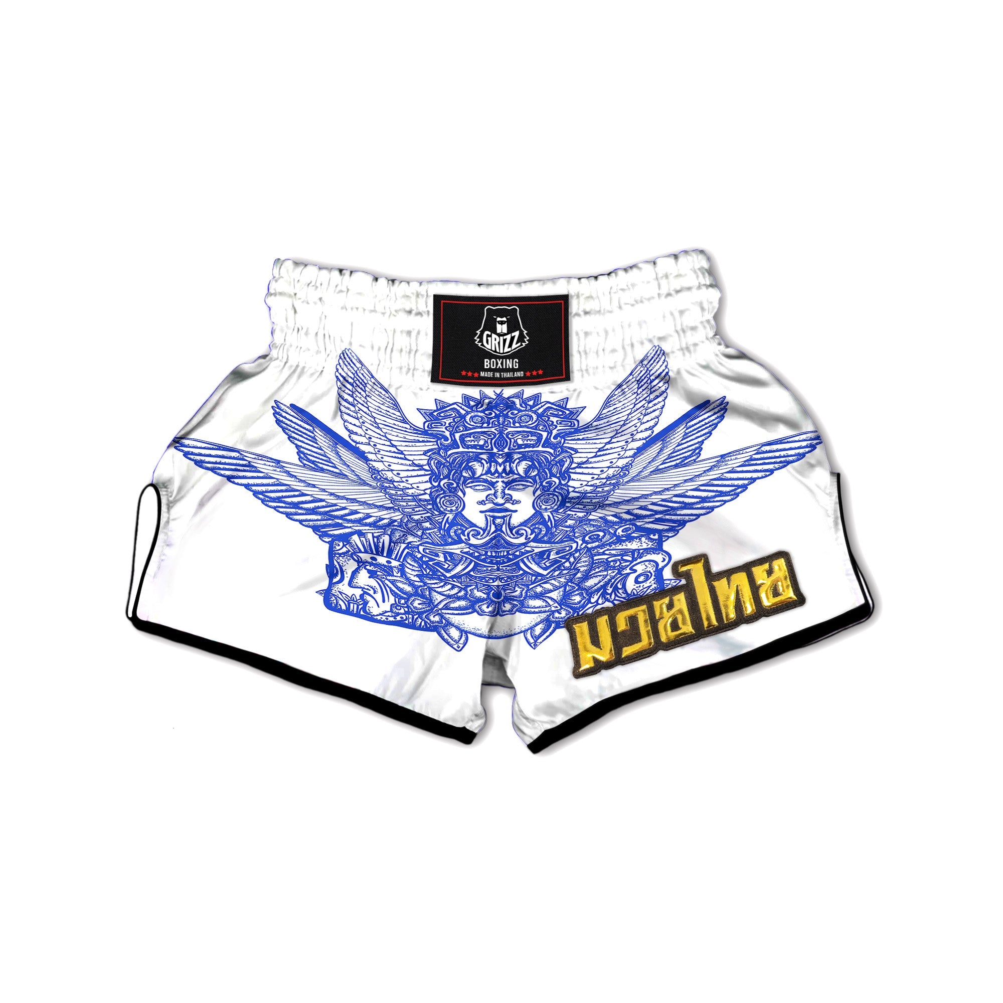 Mayan Statue White And Blue Print Muay Thai Boxing Shorts-grizzshop