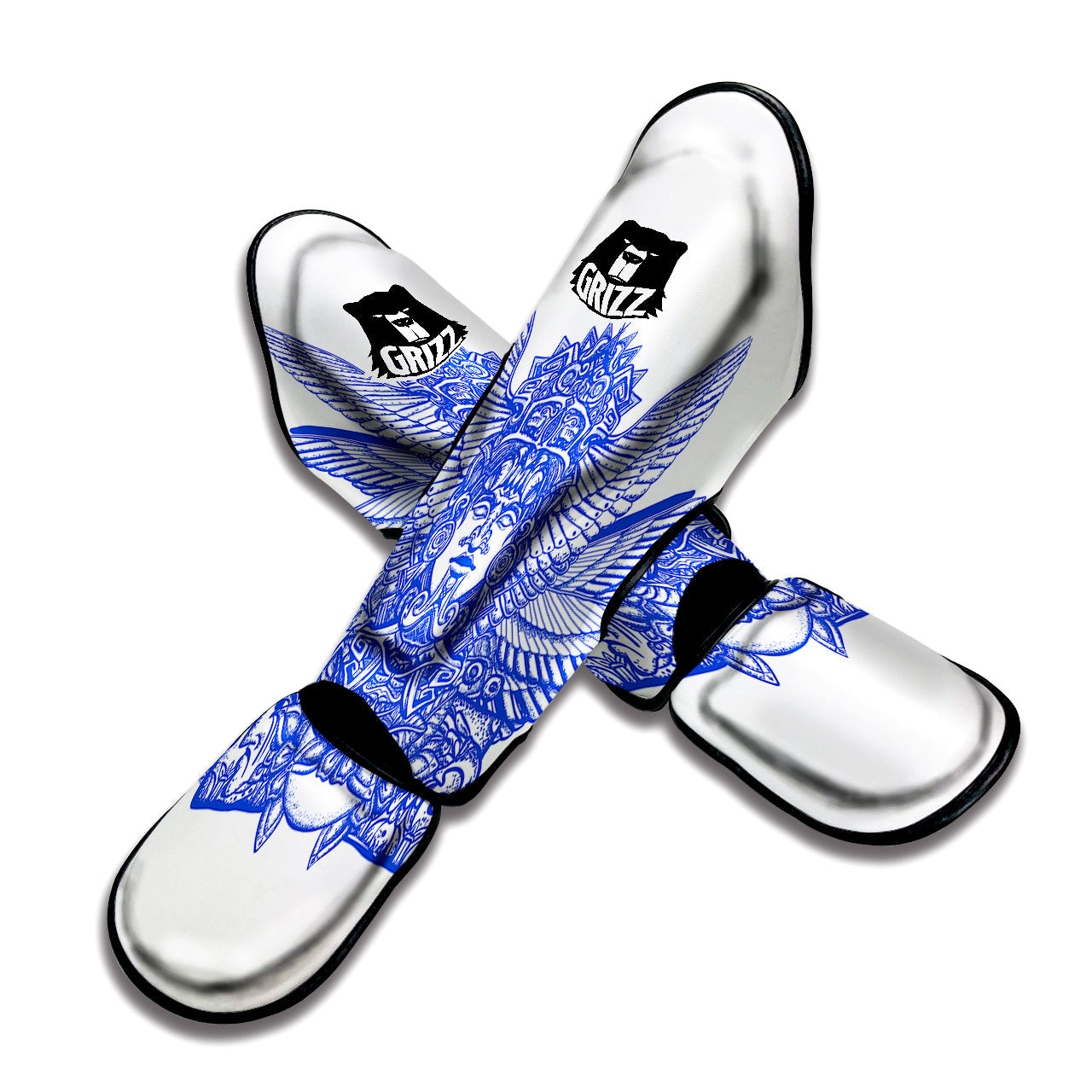 Mayan Statue White And Blue Print Muay Thai Shin Guards-grizzshop