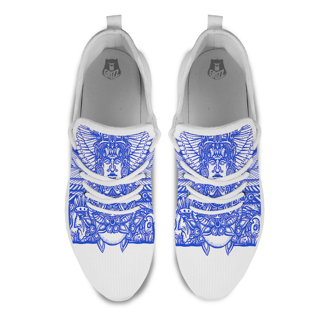 Mayan Statue White And Blue Print White Athletic Shoes-grizzshop