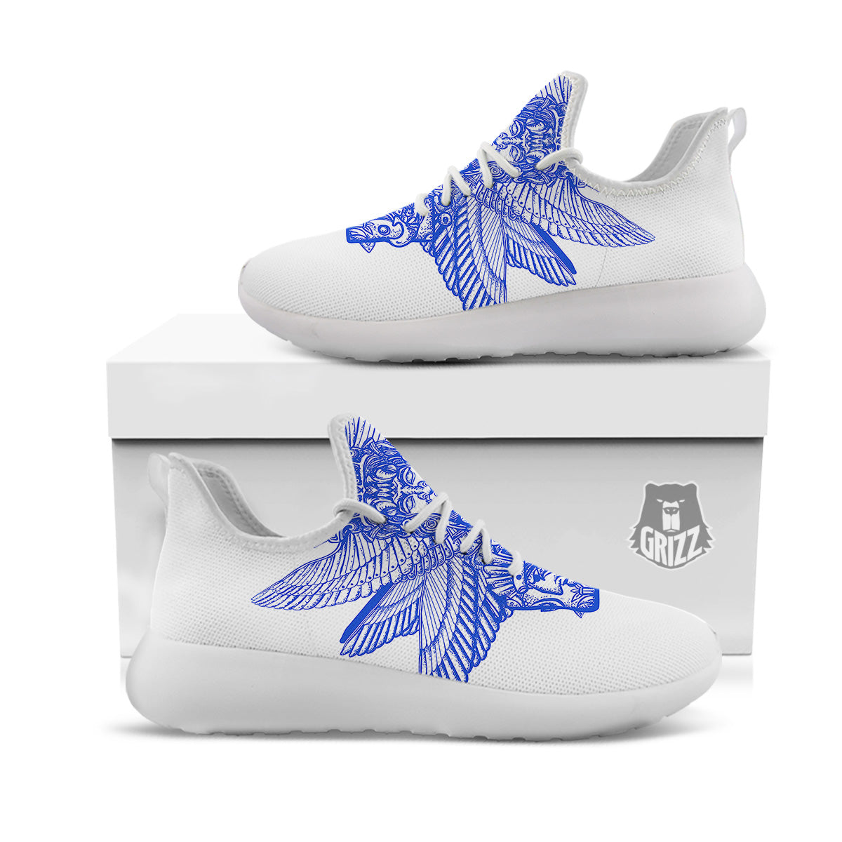 Mayan Statue White And Blue Print White Athletic Shoes-grizzshop