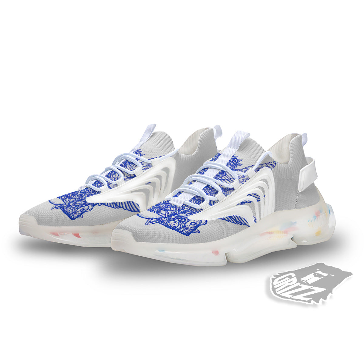 Mayan Statue White And Blue Print White Gym Shoes-grizzshop