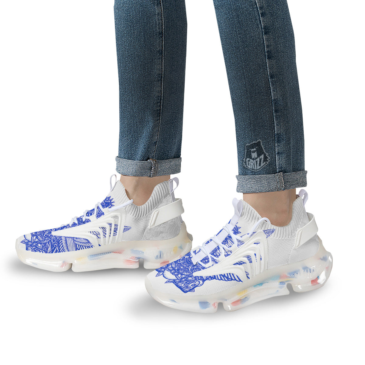 Mayan Statue White And Blue Print White Gym Shoes-grizzshop