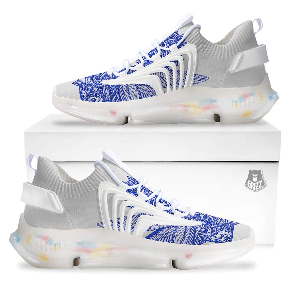 Mayan Statue White And Blue Print White Gym Shoes-grizzshop