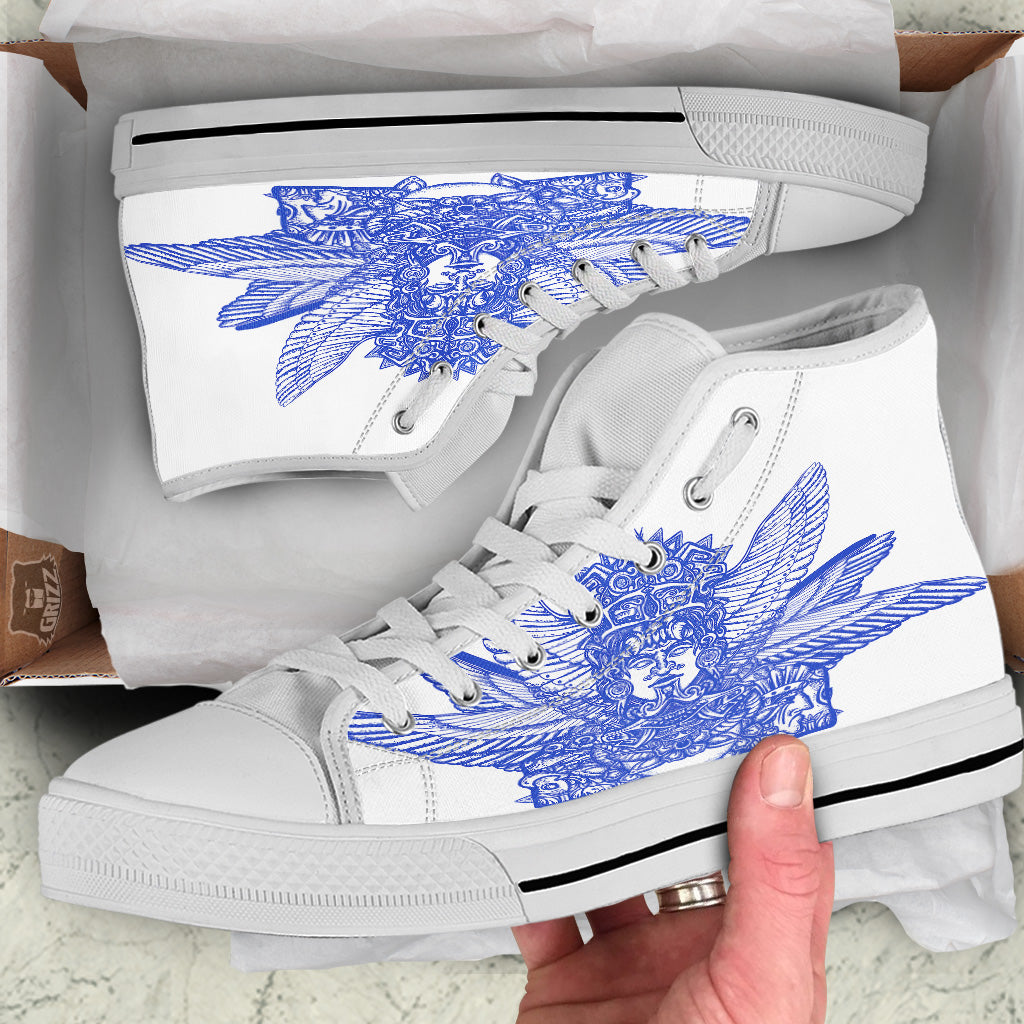 Mayan Statue White And Blue Print White High Top Shoes-grizzshop