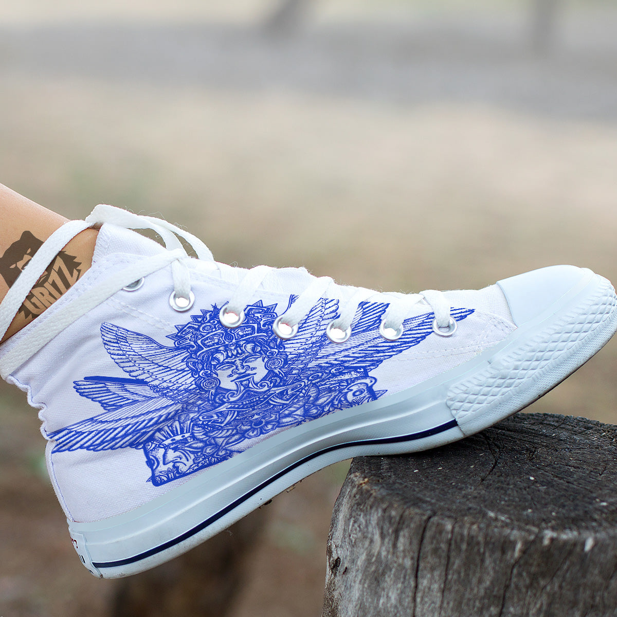 Mayan Statue White And Blue Print White High Top Shoes-grizzshop