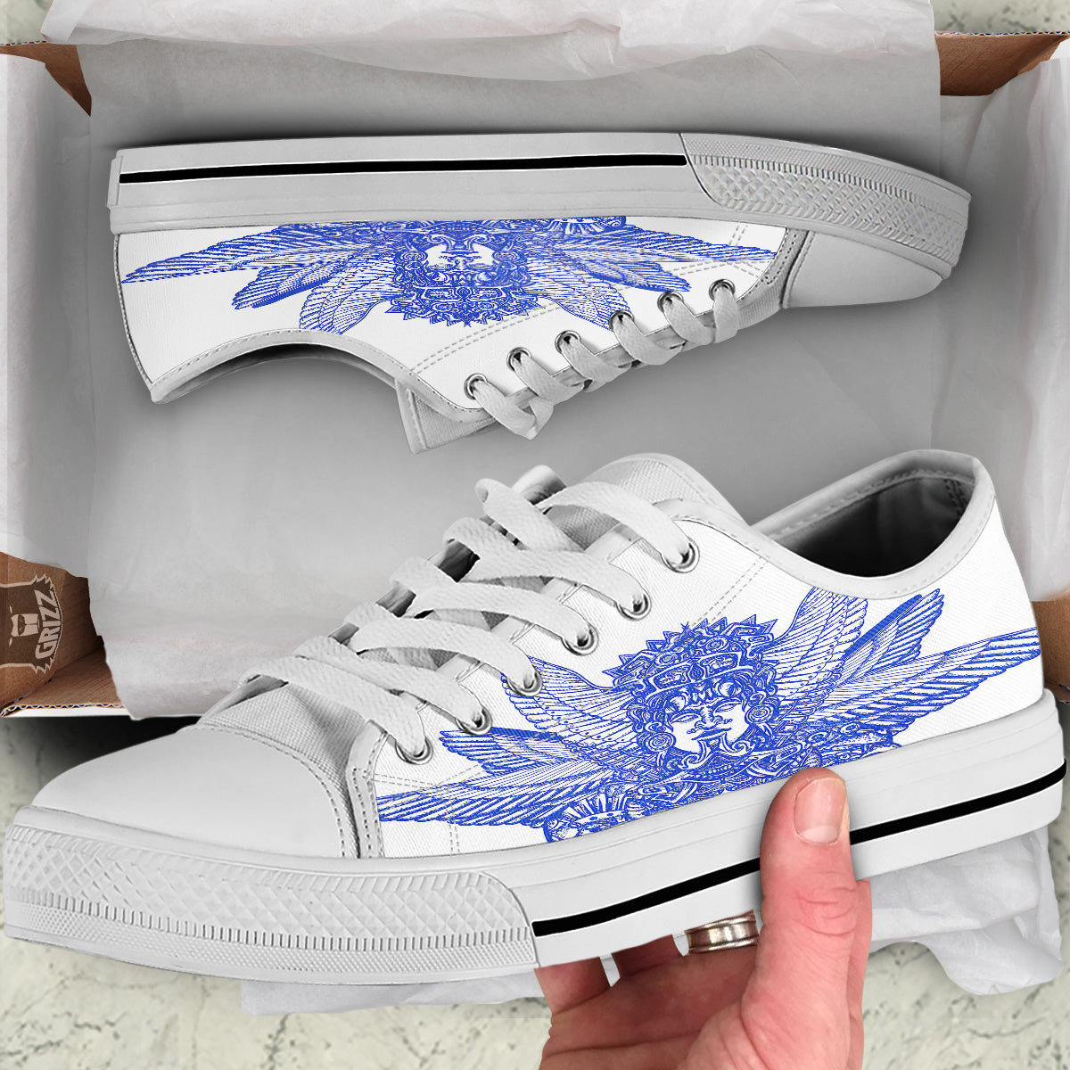 Mayan Statue White And Blue Print White Low Top Shoes-grizzshop