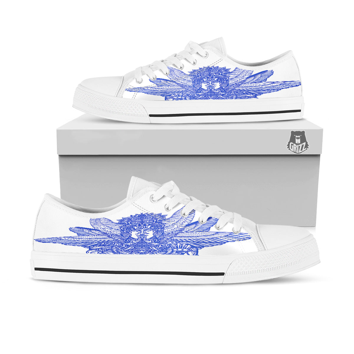 Mayan Statue White And Blue Print White Low Top Shoes-grizzshop