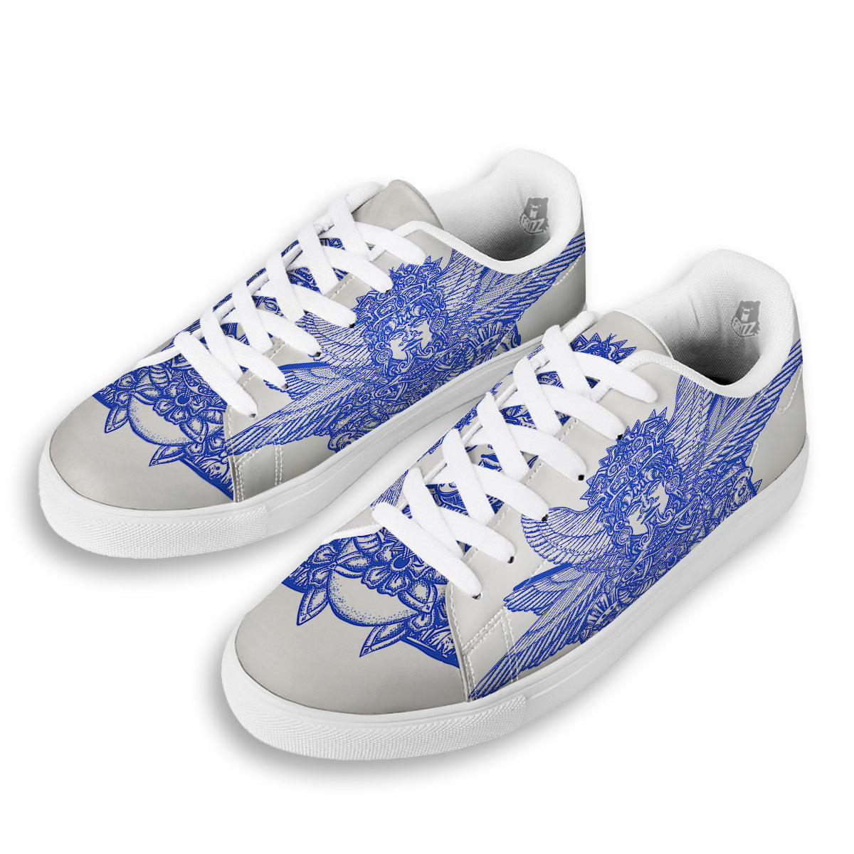 Mayan Statue White And Blue Print White Low Top Sneakers-grizzshop