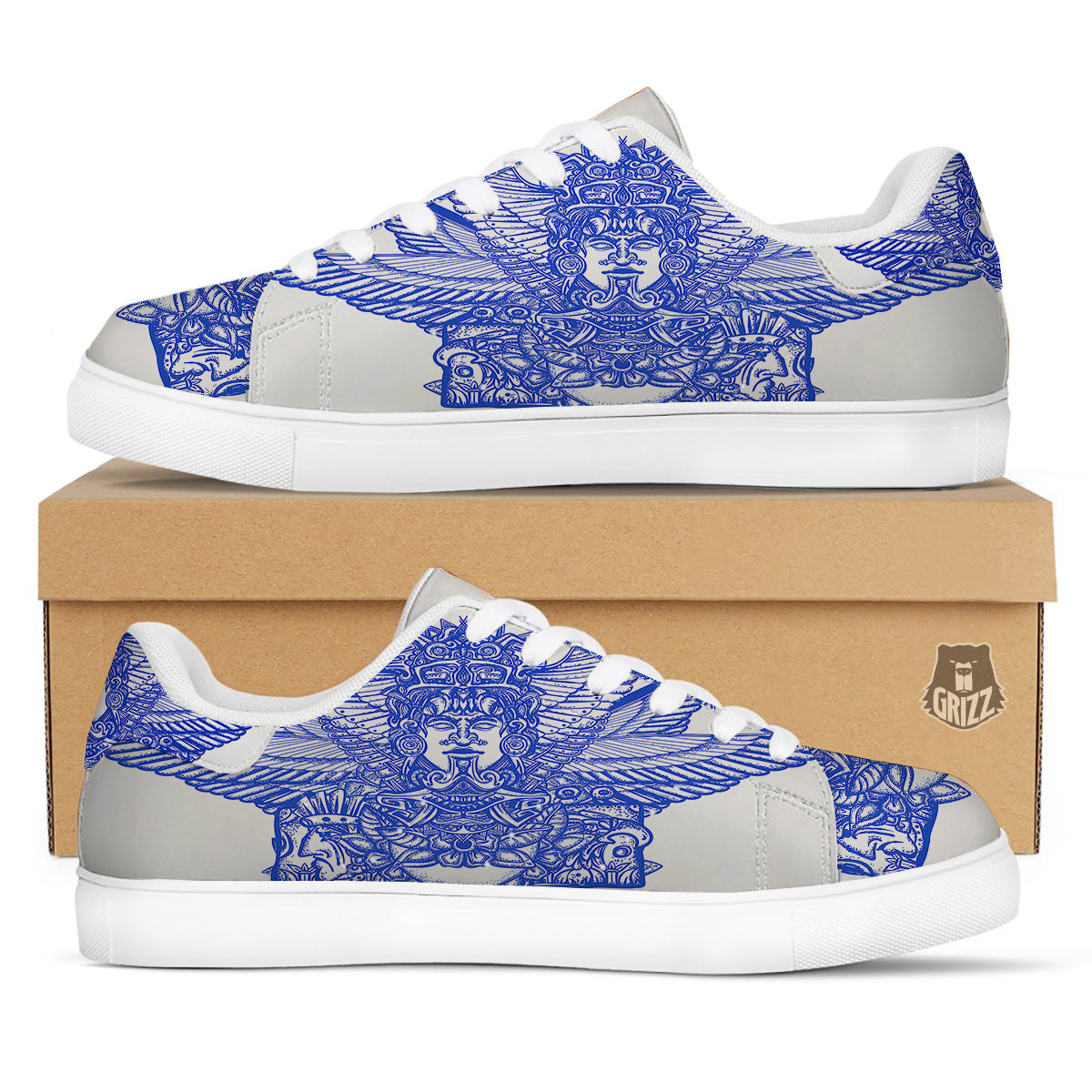 Mayan Statue White And Blue Print White Low Top Sneakers-grizzshop