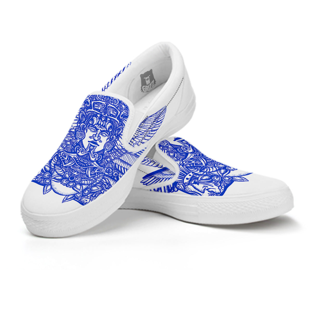 Mayan Statue White And Blue Print White Slip On Shoes-grizzshop