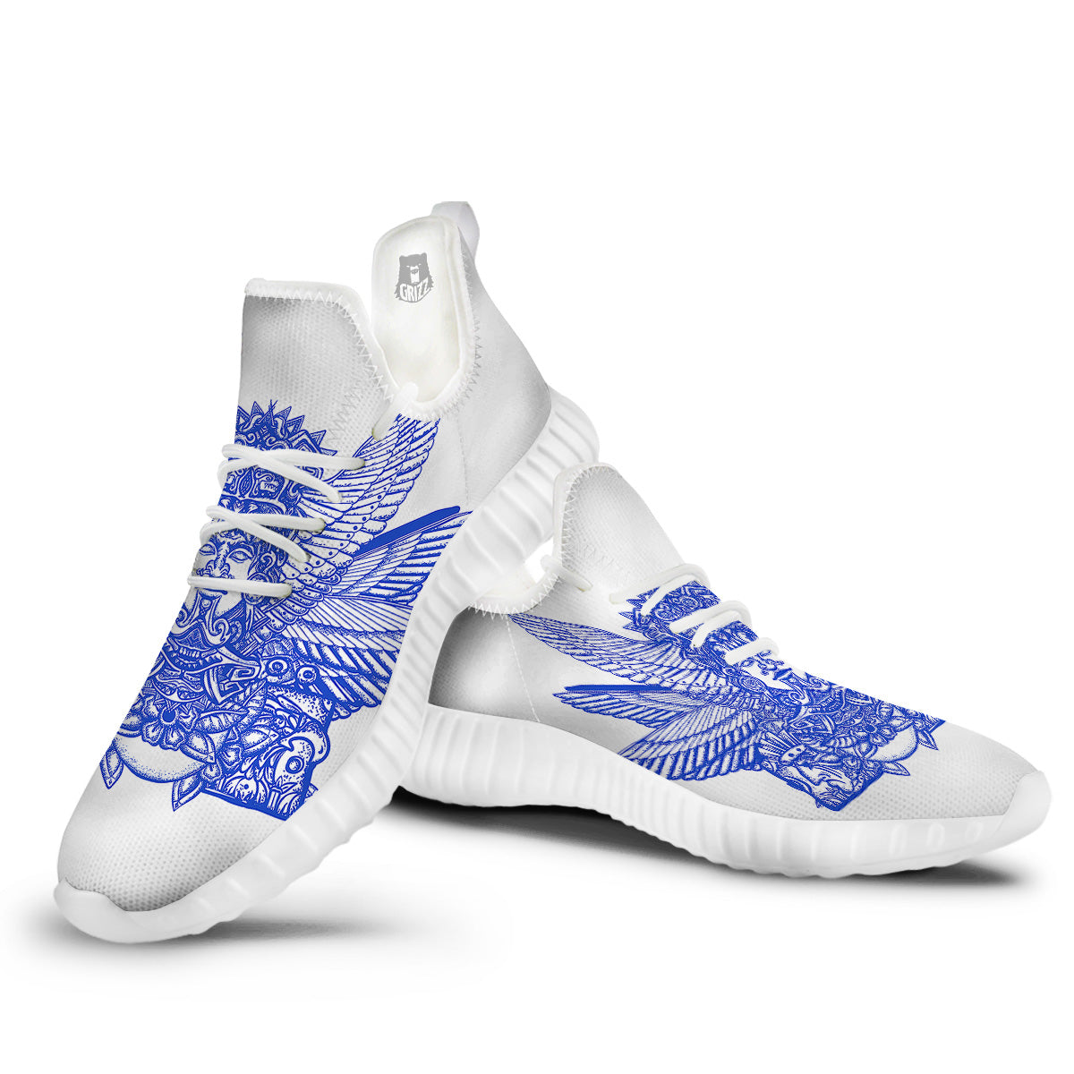 Mayan Statue White And Blue Print White Walking Shoes-grizzshop