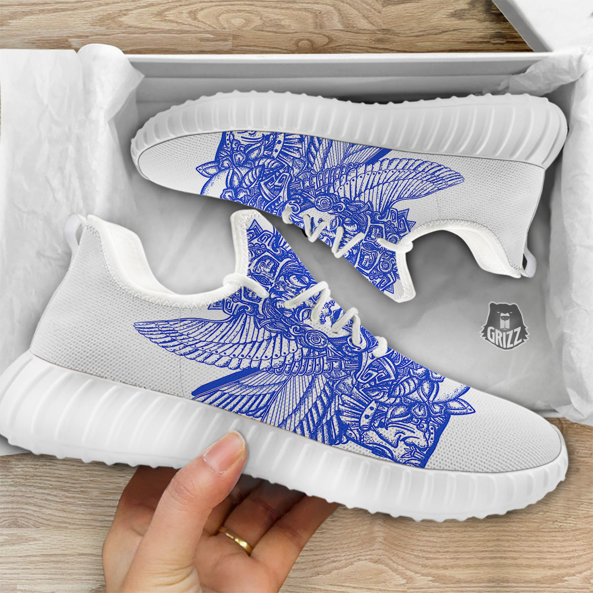 Mayan Statue White And Blue Print White Walking Shoes-grizzshop