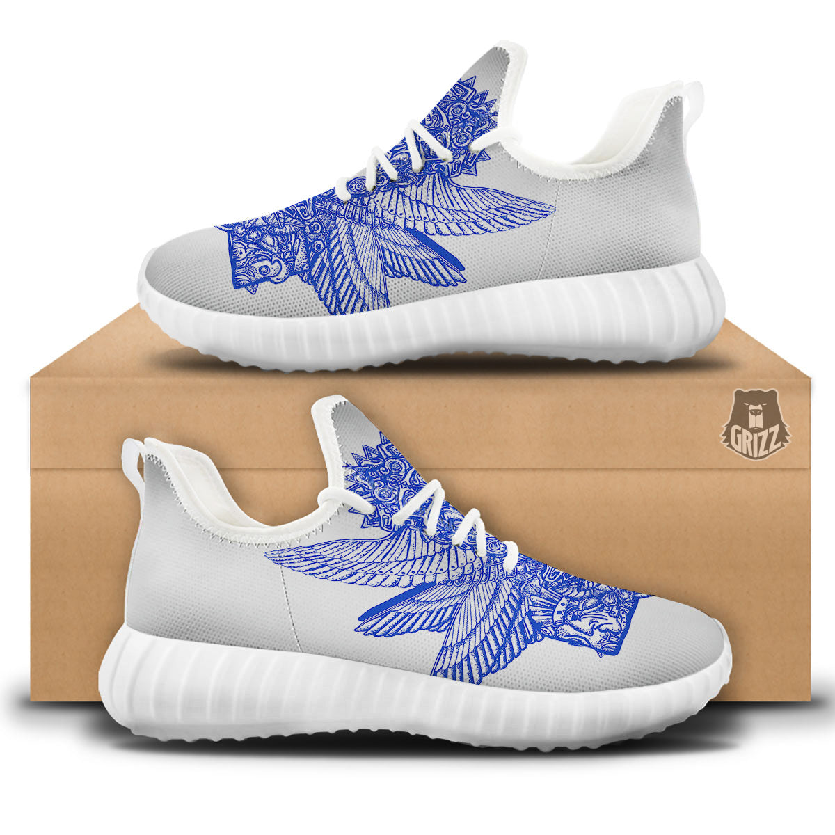 Mayan Statue White And Blue Print White Walking Shoes-grizzshop